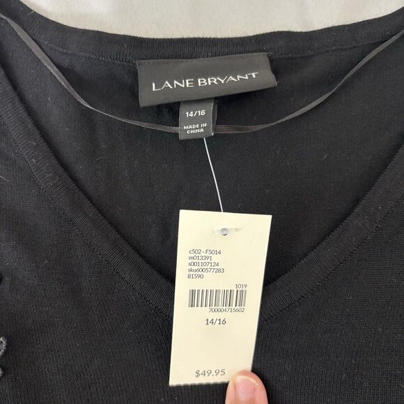 New Lane Bryant Knit Sweater Women Plus Size 14/16 Black Embroidered Stretch - Picture 2 of 7